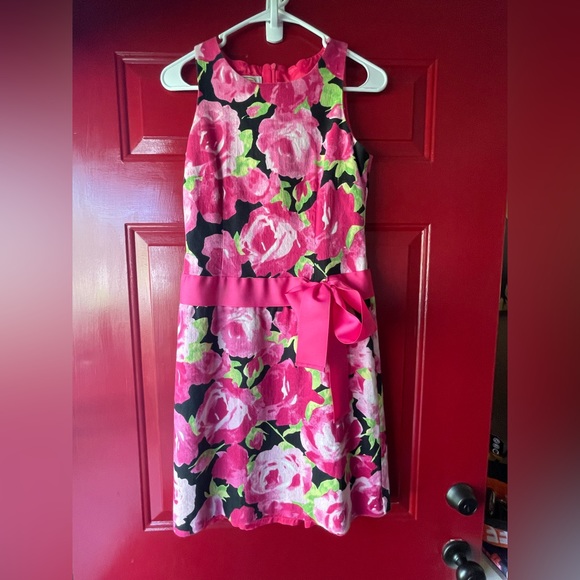TALBOTS LADIES HOT PINK BLACK SLEEVELESS FLORAL LINED DRESS COTTON SIZE 6P - Picture 1 of 4